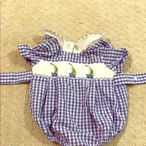 Hand Smocked boys gingham blue sailboat bubble